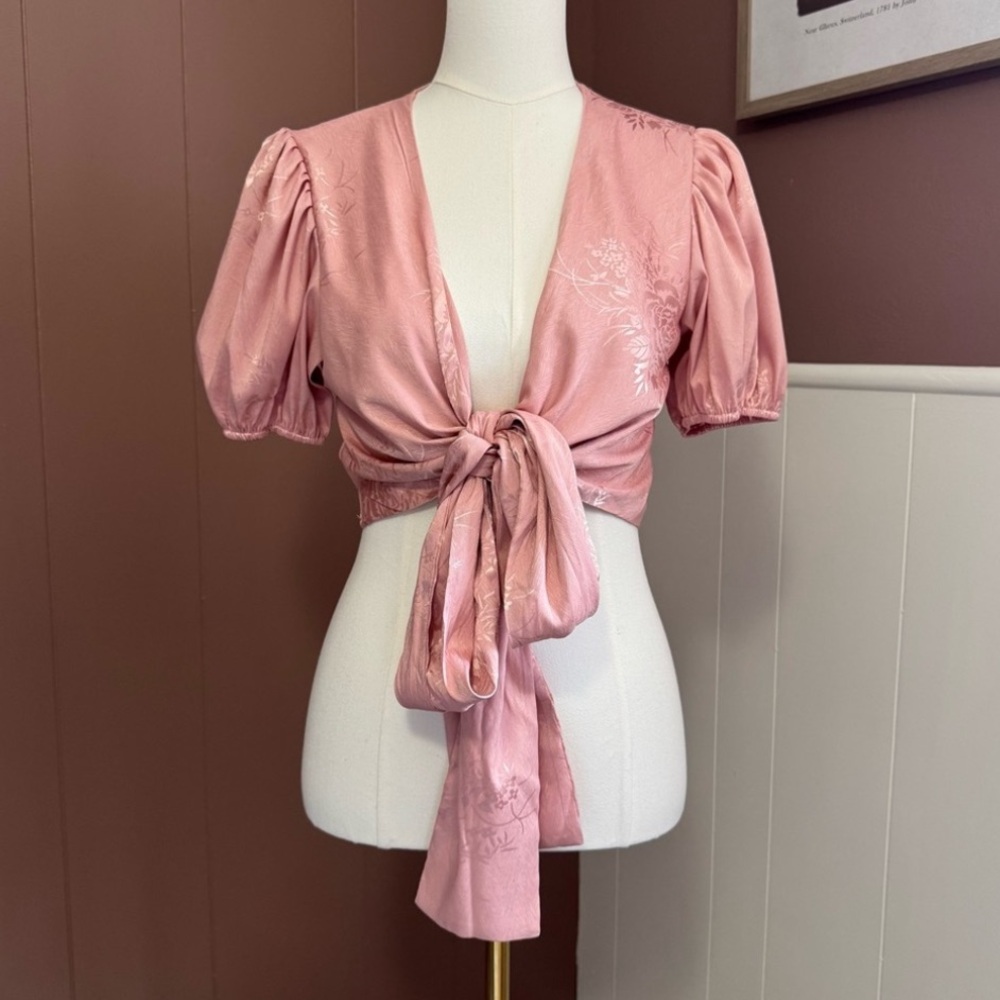 Lulus Pink Floral Satin Wrap Blouse - Picture 13 of 13
